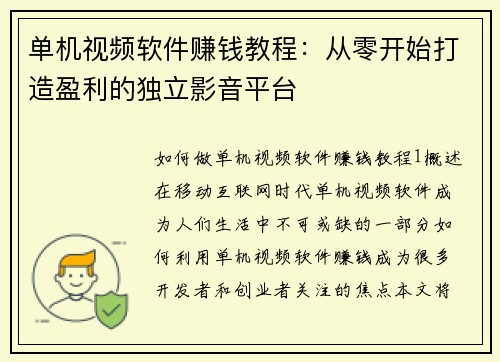 单机视频软件赚钱教程：从零开始打造盈利的独立影音平台